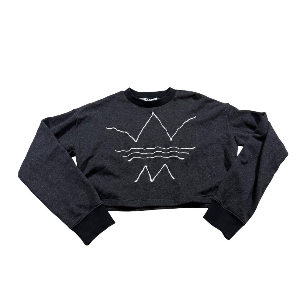 Adidas Cropped Sweatshirt XS Gray Abstract Mountain Pullover Athleisure Running